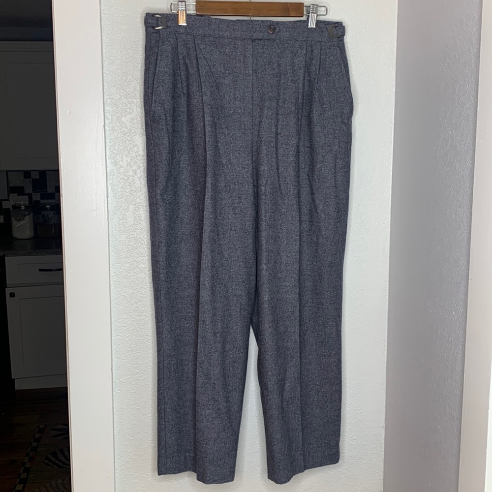 Mom Thompson grey wool blend straight leg lined pants adjustable fit at waist